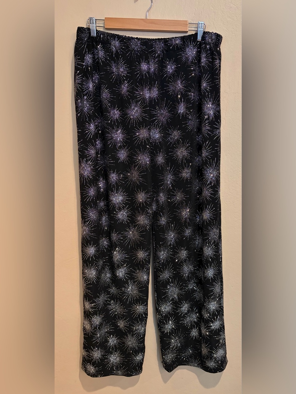 Black Slinky Wide Pants w/ Super Sparkly Silver Starbursts, Elastic Waist, NYE